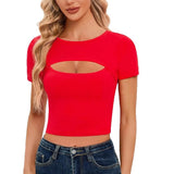 2025 Summer New Round Neck Casual Sexy Solid-Colored Bare-Necked Women's Short-Sleeved T-Shirt