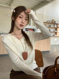 A Word-Collar Tangle T-Shirt Knitted Bottom Shirt Women Spring And Autumn Small Fragrant Style Inside The Body Temperament Long Sleeve Beautiful Top