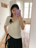 Korean Point Flower Apricot U Collar Shoulder Short-Sleeved T-Shirt 2026 Summer New Loose Thin Lazy Style Chic Top