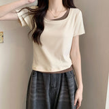 Fang Collar Short-Sleeved T-Shirt Women's 2026 Summer New Design Sense Of Small Body Pure Fake Two Short Tops