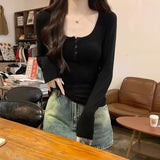 U Collar Shoulder Short Long-Sleeved T-Shirt Girl Autumn New Gray Simple Hot Girl Style Bottom Shirt