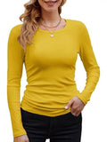 2025 Women's Women's New Ribs Cotton Fabric Base Round Neck Solid Long-Sleeved T-Shirt