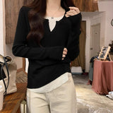 Pure Lust Wind Blue Lazy Knitted Bottom Shirt Women Spring And Autumn New Fake Two Splicing Loose Thin Inside Cloth