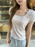 Sweet And Pure Lust Lace Spliced Short-Sleeved T-Shirt 2026 Summer New Straight Shoulder Temperament Top