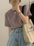 Short-Sleeved T-Shirt For Women 2025 Summer Fruit Green Stripes New Loose Shoulder Unique Comfortable Tuck