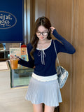 Tibetan Blue Wood Ear Long-Sleeved T-Shirt 2026 Spring Korean Design Fake Two Stitching Bottom Of The Coat