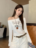 White Oblique Shoulder Letter Print Design Long-Sleeved T-Shirt 2026 Early Autumn New Slimming On The Shoulder