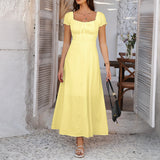 Dili 2025 Spring And Summer Temperament Elegant Solid Color Tie With Folding Bubble Bubble Sleeves French Dress Women's Dress