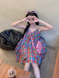 Colored Lattice Dopamine Sling Dress Women's Spring 2026 New Loose Thin Sweet Temperament Skirt