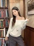 Black Slack Feel Inclined Angle Shoulder Long-Sleeved T-Shirt Girl Out-To-Shoulder Early Autumn Lazy Loose Babes Sexy Shoulder