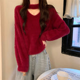 White Hanging Neck Horse Hair Sweater Women Autumn And Winter V Collar With Knitted Bottom Shirt Soft Porridge Velvet High-End Top