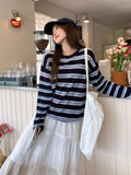 Korean Languid Wind Stripe Round-Neck Knitted Jersey Long-Sleeved Women 2026 Early Autumn New Loose Chic Design Top