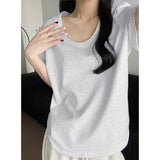 Short-Sleeved Women's Summer 2025 New Pink Shoulder T-Shirt Korean Loose Simple Leisure Thin U Collar Top