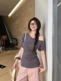 Korean Casual Design Sense Of Niche Unique Oblique Shoulder Short-Sleeved T-Shirts In Summer Chic To Recuperettes