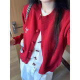 Christmas Red Wear Fake Two Bows Long Sleeves Bottom Knitted Cardigan Women In Autumn And Winter Round Collar Repair Body