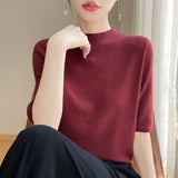 Half-High Collar Fashion Knitted Five-Sleeve Top Lady Summer Thin Flower Solid Color T-Shirt Loose Bottom