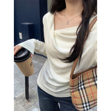 Coffee Color Korean Slanted Shoulder Collar Long-Sleeved T-Shirt 2026 Autumn Bottom Folded Thin Inside Top