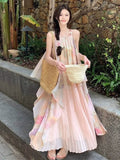 French Atmosphere-Sensitive Oil Painting Sling Dress Women's 2026 Summer New Seaside Wind Fold Mesh Dress