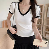 Pin Color V-Neck Bow Embroidered With Short-Sleeved Girl Bm Sweet Hottie Tight Waist Short T-Shirt Pure Wish Blouse Summer