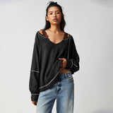Wish Explosive Personality V-Neck Decorative Lines Design Feel Women's Loose Lazy Windwear