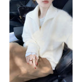European Goods Old Money Wind Green V Collared Horse Hair Sweater Women Autumn And Winter Lazy High Sense Thick Collar Knitting Top
