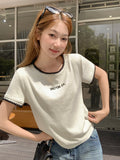 Flower Gray Letter Embroidery Splicing Round Collar Short-Sleeved T-Shirt Women 2026 Summer New Loose Thin Top