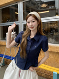 Korean Sweet Embroidered Bow Polo Shirt Short-Sleeved T-Shirt For Women's Summer Super-Look Unique Waist Top