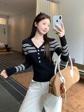 Spice Girls Striped Splicing POLO Collar Button Long-Sleeved Knitted Shirt Girl 2026 Autumn Repair In The Bottom Shirt Top