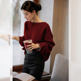 French Black Nail Beads Collar Knitted Women's New Languid Wind High Sense Loose Sweater Top