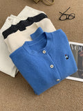 Gentle Retro Kitten Embroidered Round Collar Knitted Cardigan Girl Warm White Klein Blue Sweater Jacket Autumn