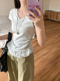 Pure White V-Neck Lace Spliced Short-Sleeved T-Shirt Women 2026 Summer New Straight Shoulder Short Top