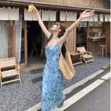 Blue Rose Printed Dress 2025 Summer New Sweet Slim Vacation Style Sleeveless Mid-Sleeve Dress