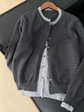 Korean Late Autumn Chic Crash Fake Two Gray Knitted Open Shirt Coat Women Lazy High-End Sweater Top
