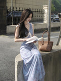 French Lace Splicing V-Neck Blue Floral Vest Dress Female Summer Temperament Seaside Beach Dress