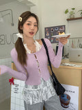 Korean Purple Low-Circle Collar Hollow Button Long-Sleeved Knitted Cardigan Women's Spring New Body To Put On The Bottom Of The Top