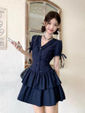 French Spice Girls V Collared Thin Hepburn Style Dress Women's Summer Retro Body Soaked-Sleeved Cake Skirt