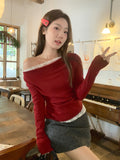 Christmas Red Corner Out Of The Shoulder Pure Lust Lace Splicing Long Sleeve Bottom Shirt Women In Autumn And Winter Inside And Outside Wearing A Beautiful Top