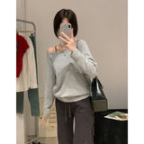 Tibetan Blue Babes Sexy Oblique Shoulder Long-Sleeved T-Shirt Girl With Shoulder Early Autumn Lazy Wind Loose Thin Shoulder
