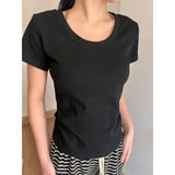 Positive Shoulder Low Round Collar Collar Collar Collar Collar Collar Collar Short Sleeve T-Shirt 2026 New Pure Cotton Slimming U Collar Inside The Top