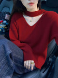 Korean Unique Beautiful Red Hanging Neck Knitted Women 2025 Autumn New Temperament Elegant Thin Sweater