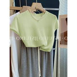 Summer Blue Little Flying Sleeve Ice Silk Knitted Short-Sleeved T-Shirt Femininity Slime Straight Shoulder Unique Beautiful Top