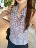 Blue-Green Lattice Polo Collar Vest Sling Suit 2026 Summer New Design Sense Loose Thin Sleeveless Top