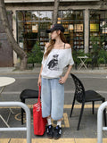 Lazy-Style Puppy Print Design With A Slanted Short-Sleeved T-Shirt For Women's Summer Ootd Beautiful Casual Shoulder Blouse