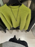 High-Grade Green Marinade Velvet Round Collar Sweater Women Autumn And Winter Soft Glutinous Milk Fufu Outside Wearing Horse Sea Hair Top Thick