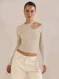 2025 Hot Sale Of High-End Autumn And Winter Sexy Hollow T-Shirt Women Irregular Collar With A Long-Sleeved Top