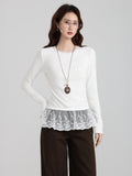 White Hair Thick Hem Lace Long-Sleeved Bottom Shirt Women 2026 Autumn And Winter Folding Thin T-Shirts