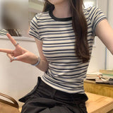 Striped T-Shirt Women's Short-Sleeved Summer 2025 New Cotton Top Loose Thin Circle Neck-Triped Style