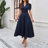 Dili 2025 Spring And Summer Temperament Elegant Solid Color High-Waisted Vneck Solid Color Short-Sleeved Dress Dress Women's Dress