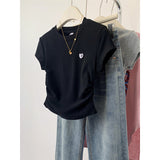 Shoulder Waist Short-Sleeved T-Shirt Women 2025 Summer New Folding Slimming Small Sweet Spicy Top