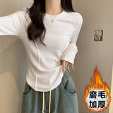 White Long-Sleeved Bottom Shirt Women In Autumn And Winter With A Short Fish Bone Top Design Embroidered Plus Velvet Hair T-Shirt